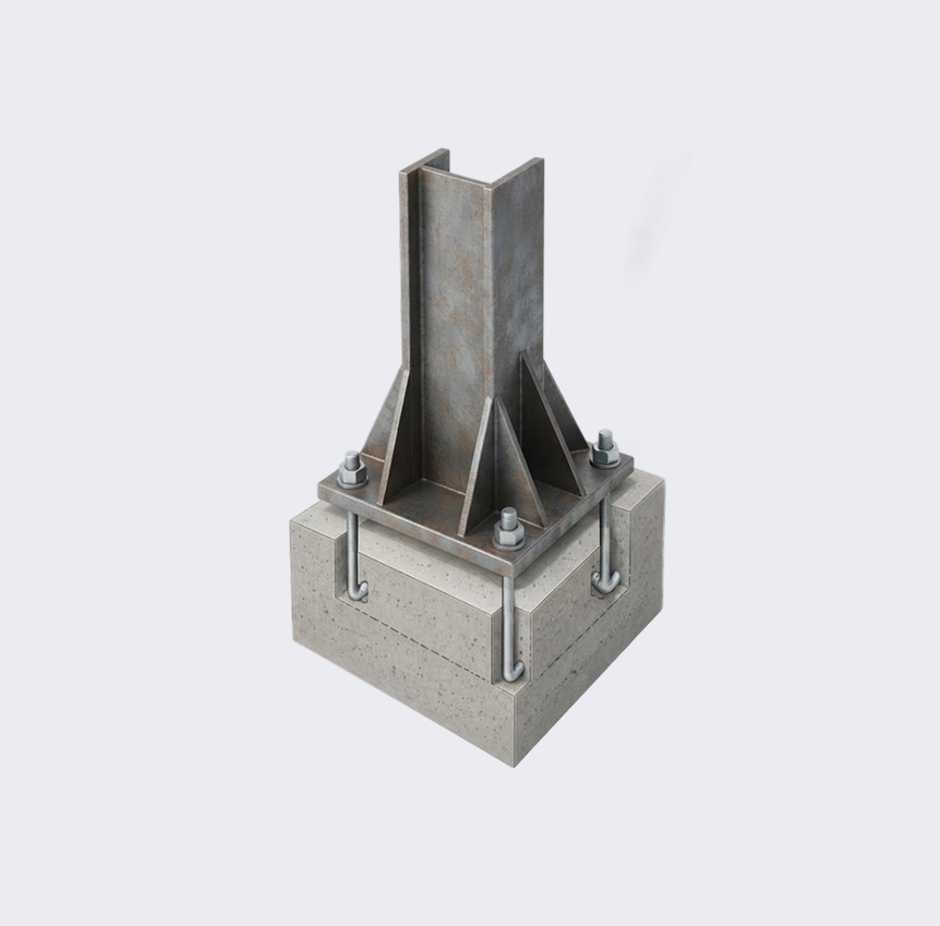 Cimentación metálica industrial con pernos de anclaje y base de concreto INDUMAG